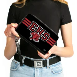 Women's PU Zip Around Wallet Rectangle - High School Musical East High School Wildcats Logo Stripe Black Red White