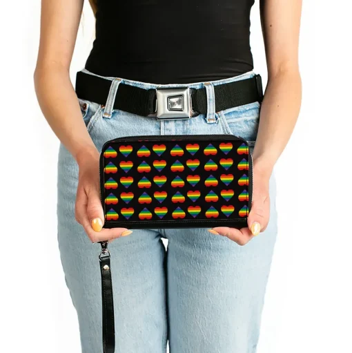 Women's PU Zip Around Wallet Rectangle - Rainbow Hearts Flip Black Multi Color