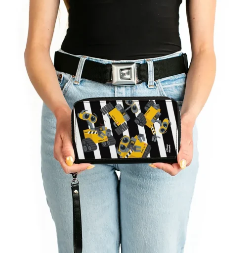 Women's PU Zip Around Wallet Rectangle - WALL-E Poses Scattered Stripe Black White
