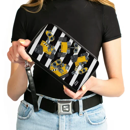 Women's PU Zip Around Wallet Rectangle - WALL-E Poses Scattered Stripe Black White