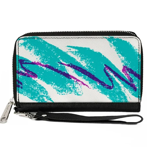Women's PU Zip Around Wallet Rectangle - Jazzy Wave Scribble White Teal Purple