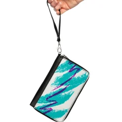 Women's PU Zip Around Wallet Rectangle - Jazzy Wave Scribble White Teal Purple