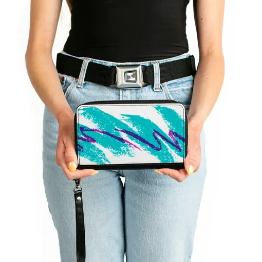 Women's PU Zip Around Wallet Rectangle - Jazzy Wave Scribble White Teal Purple