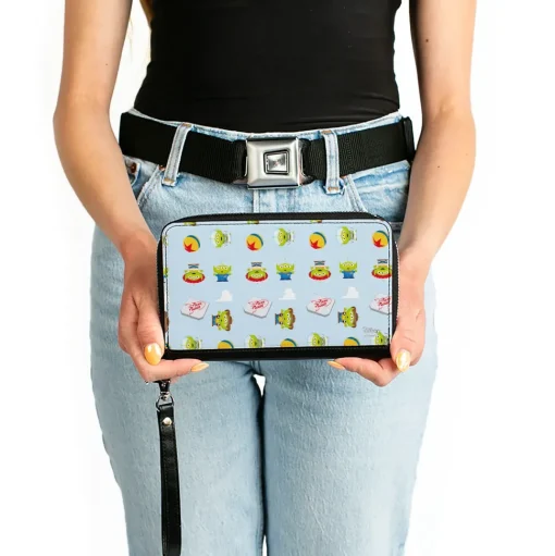 Women's PU Zip Around Wallet Rectangle - Pixar Toy Story Alien Remix Pizza Planet Luxo Ball Collage Sky Blue