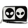 Women's PU Zip Around Wallet Rectangle - Alien Head Blocks Black White