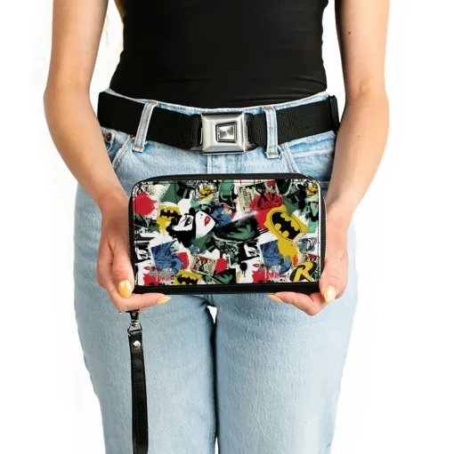 Women's PU Zip Around Wallet Rectangle - Batman and Gotham City Villains Graffiti Collage White Multi Color