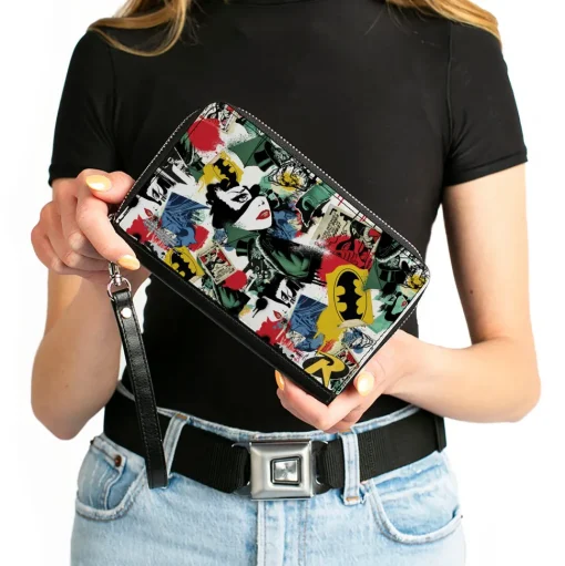 Women's PU Zip Around Wallet Rectangle - Batman and Gotham City Villains Graffiti Collage White Multi Color