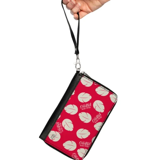 Women's PU Zip Around Wallet Rectangle - Lilo & Stitch OHANA MEANS FAMILY Bounding Lilo Dress Leaves Red Ivory