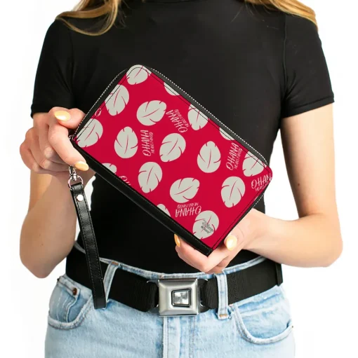 Women's PU Zip Around Wallet Rectangle - Lilo & Stitch OHANA MEANS FAMILY Bounding Lilo Dress Leaves Red Ivory