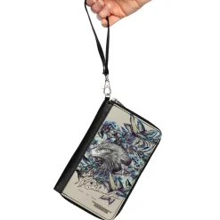 Women's PU Zip Around Wallet Rectangle - Harry Potter RAVENCLAW Floral Eagle Sketch Grays Blues