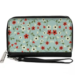 Women's PU Zip Around Wallet Rectangle - Ditsy Floral Chain Baby Blue Red White Green