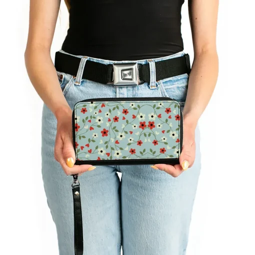 Women's PU Zip Around Wallet Rectangle - Ditsy Floral Chain Baby Blue Red White Green