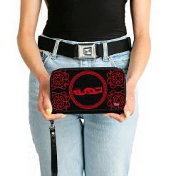 Women's PU Zip Around Wallet Rectangle - Mulan Dragon Icon Lattice Pattern Black Red