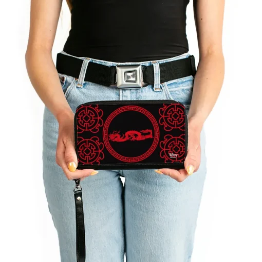 Women's PU Zip Around Wallet Rectangle - Mulan Dragon Icon Lattice Pattern Black Red