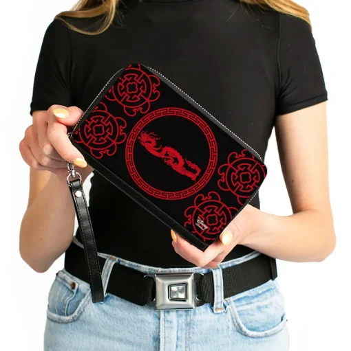 Women's PU Zip Around Wallet Rectangle - Mulan Dragon Icon Lattice Pattern Black Red