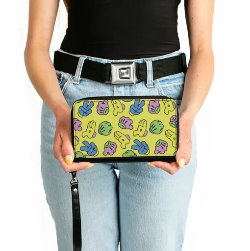 Women's PU Zip Around Wallet Rectangle - Mickey Mouse Hand Gestures Scattered Yellow Multi Color