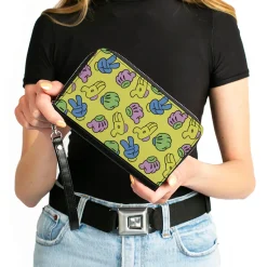 Women's PU Zip Around Wallet Rectangle - Mickey Mouse Hand Gestures Scattered Yellow Multi Color