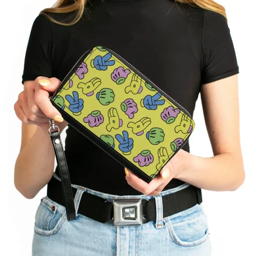 Women's PU Zip Around Wallet Rectangle - Mickey Mouse Hand Gestures Scattered Yellow Multi Color