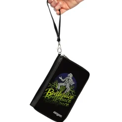 Women's PU Zip Around Wallet Rectangle - BEETLEJUICE Sitting on Tombstone Pose Trees Black Purple Green Yellow
