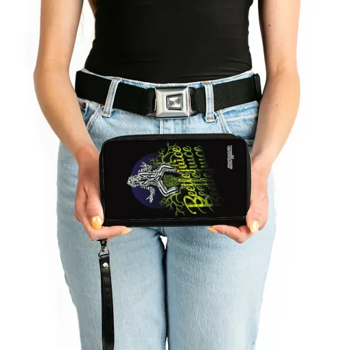 Women's PU Zip Around Wallet Rectangle - BEETLEJUICE Sitting on Tombstone Pose Trees Black Purple Green Yellow