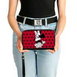 Women's PU Zip Around Wallet Rectangle - Vintage Minnie Mouse Over the Shoulder Pose Dots Reds Black White
