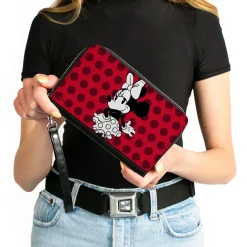 Women's PU Zip Around Wallet Rectangle - Vintage Minnie Mouse Over the Shoulder Pose Dots Reds Black White