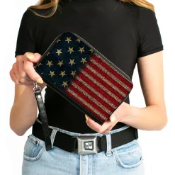 Women's PU Zip Around Wallet Rectangle - Vintage US Flag Stretch