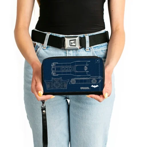 Women's PU Zip Around Wallet Rectangle - Batman Batmobile Blueprint Tech Turns Blues White