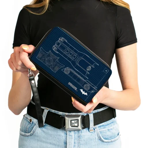 Women's PU Zip Around Wallet Rectangle - Batman Batmobile Blueprint Tech Turns Blues White