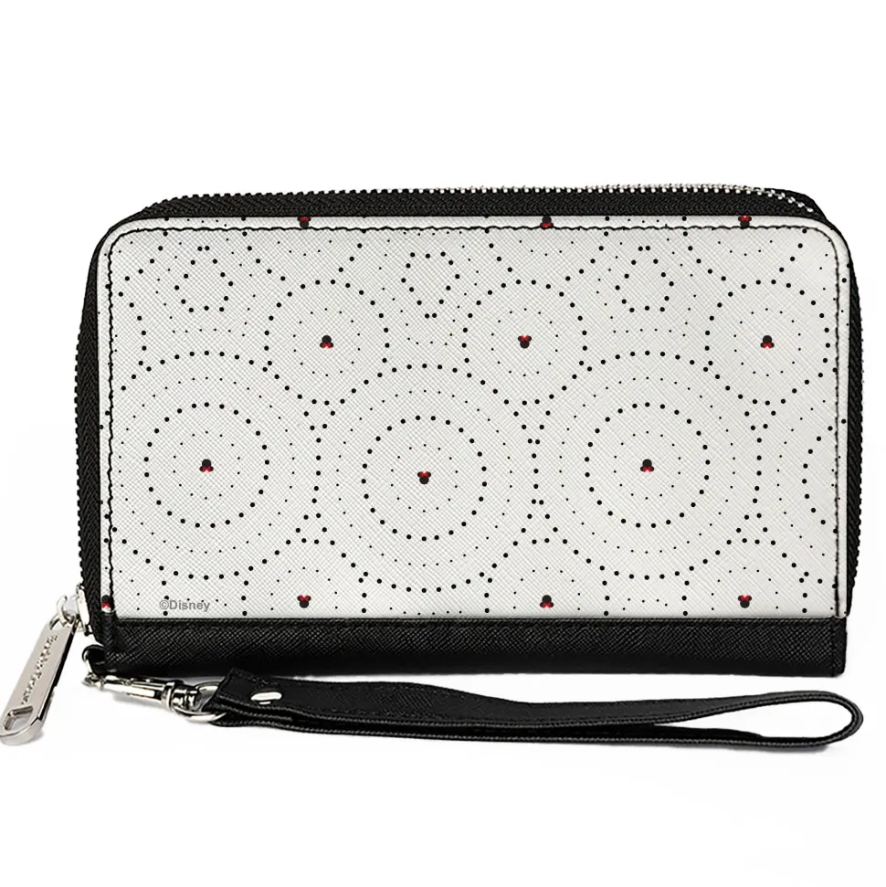 Women's PU Zip Around Wallet Rectangle - Minnie Mouse Ears with Bow Icon and Dots White Black Red