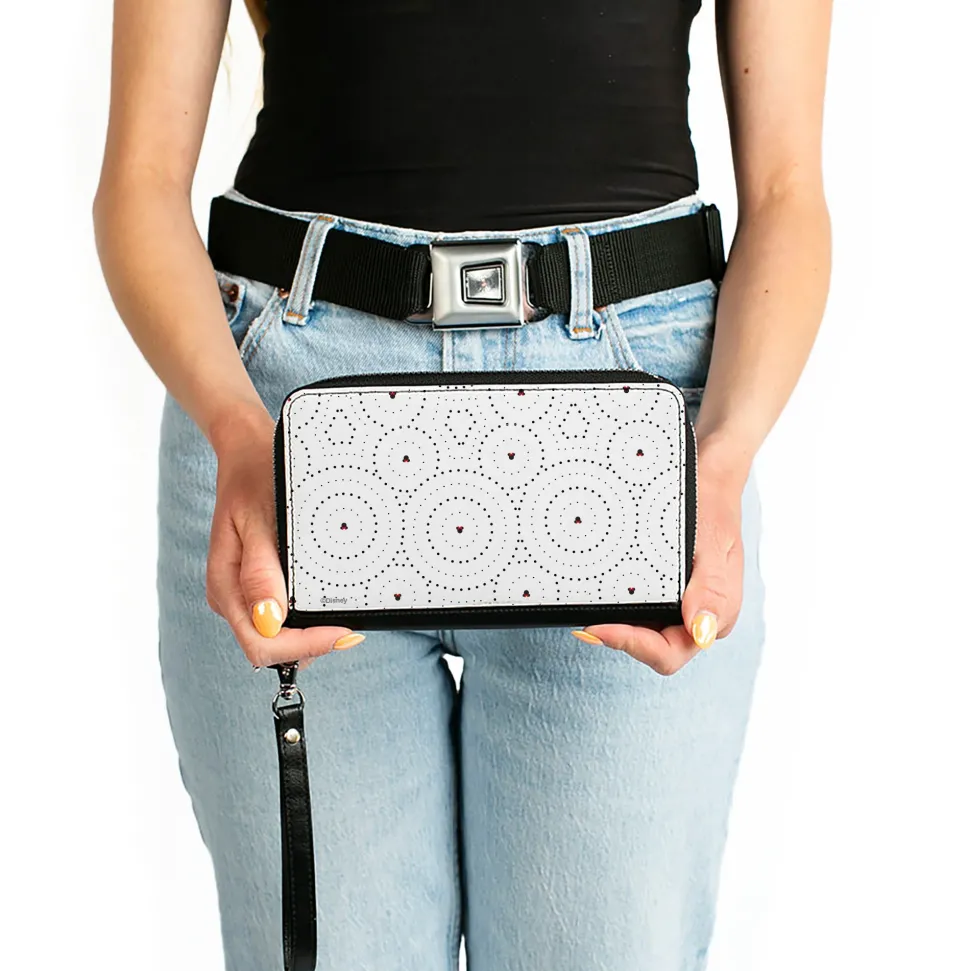 Women's PU Zip Around Wallet Rectangle - Minnie Mouse Ears with Bow Icon and Dots White Black Red