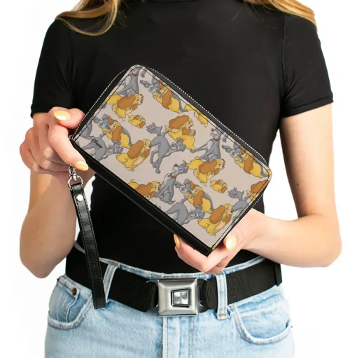 Women's PU Zip Around Wallet Rectangle - Lady and the Tramp with Puppies Poses Pink
