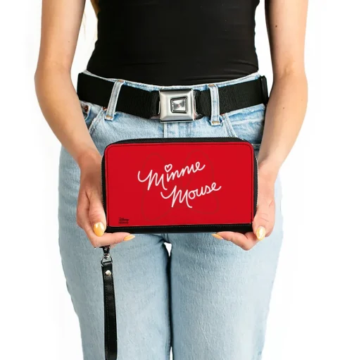 Women's PU Zip Around Wallet Rectangle - MINNIE MOUSE Script and Bow Reds White