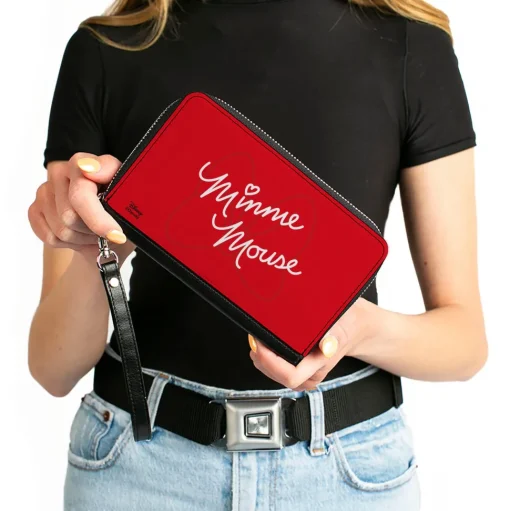 Women's PU Zip Around Wallet Rectangle - MINNIE MOUSE Script and Bow Reds White