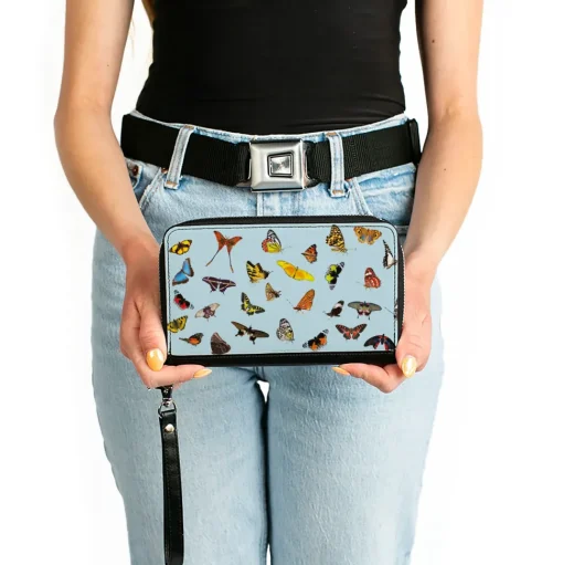 Women's PU Zip Around Wallet Rectangle - Butterflies Scattered Baby Blue