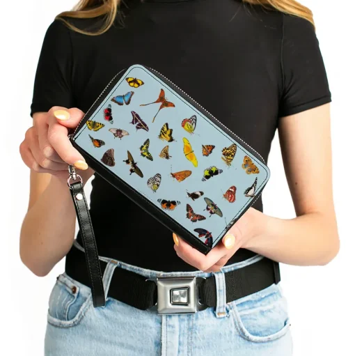 Women's PU Zip Around Wallet Rectangle - Butterflies Scattered Baby Blue