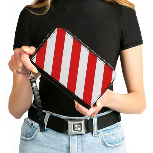 Women's PU Zip Around Wallet Rectangle - Candy Cane2 Stripe White Red