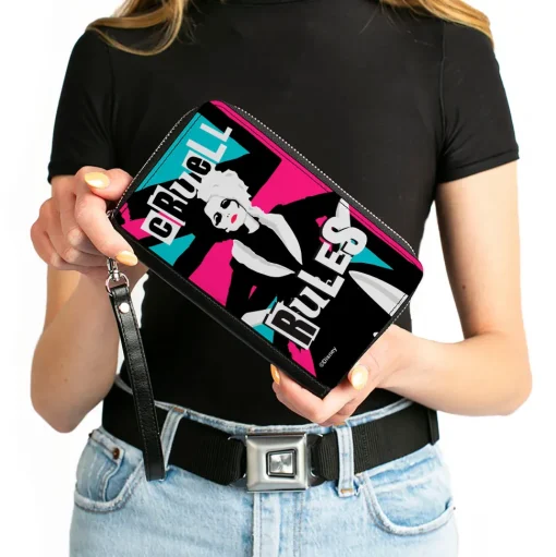 Women's PU Zip Around Wallet Rectangle - Cruella CRUELL RULES Union Jack Pose Blue Pink Black