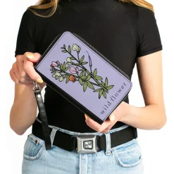 Women's PU Zip Around Wallet Rectangle - WILD FLOWER Floral Bouquet Lavender