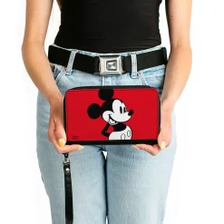 Women's PU Zip Around Wallet Rectangle - Mickey Mouse Classic Pose CLOSE-UP Red Black White