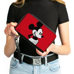 Women's PU Zip Around Wallet Rectangle - Mickey Mouse Classic Pose CLOSE-UP Red Black White