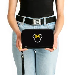 Women's PU Zip Around Wallet Rectangle - Minnie Mouse Ears and Bow Icon Outline Black White Yellow