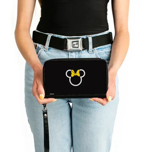 Women's PU Zip Around Wallet Rectangle - Minnie Mouse Ears and Bow Icon Outline Black White Yellow