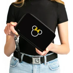 Women's PU Zip Around Wallet Rectangle - Minnie Mouse Ears and Bow Icon Outline Black White Yellow