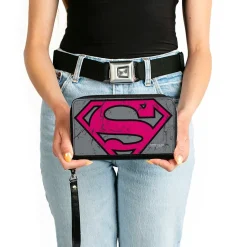 Women's PU Zip Around Wallet Rectangle - Superman Shield CLOSE-UP Weathered Grays Black Pink