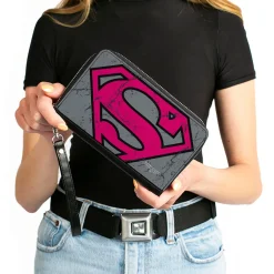 Women's PU Zip Around Wallet Rectangle - Superman Shield CLOSE-UP Weathered Grays Black Pink