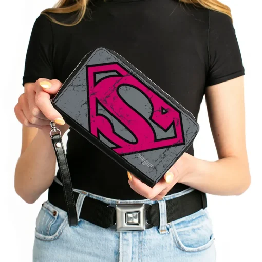 Women's PU Zip Around Wallet Rectangle - Superman Shield CLOSE-UP Weathered Grays Black Pink