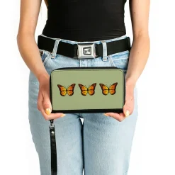 Women's PU Zip Around Wallet Rectangle - Monarch Butterfly Trio Olive Green
