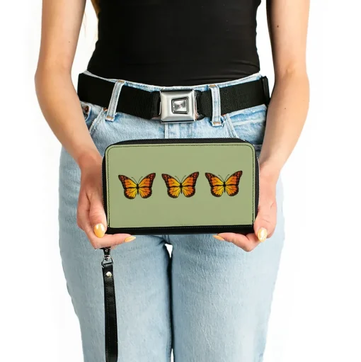 Women's PU Zip Around Wallet Rectangle - Monarch Butterfly Trio Olive Green