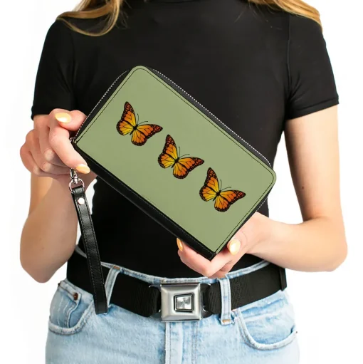 Women's PU Zip Around Wallet Rectangle - Monarch Butterfly Trio Olive Green